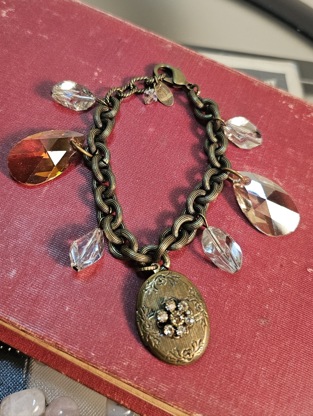 Antique Brass Charm Bracelet with Clear and Amber Crystal Drops